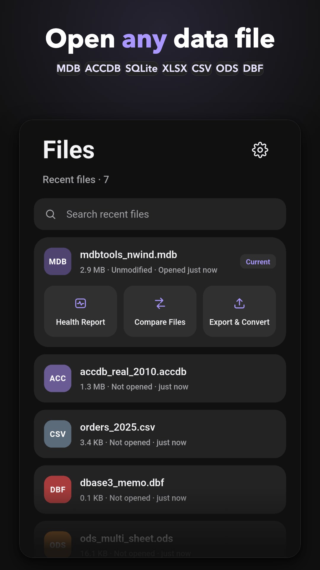 Database Viewer on Android opening a database file, with a health check of the file shown first
