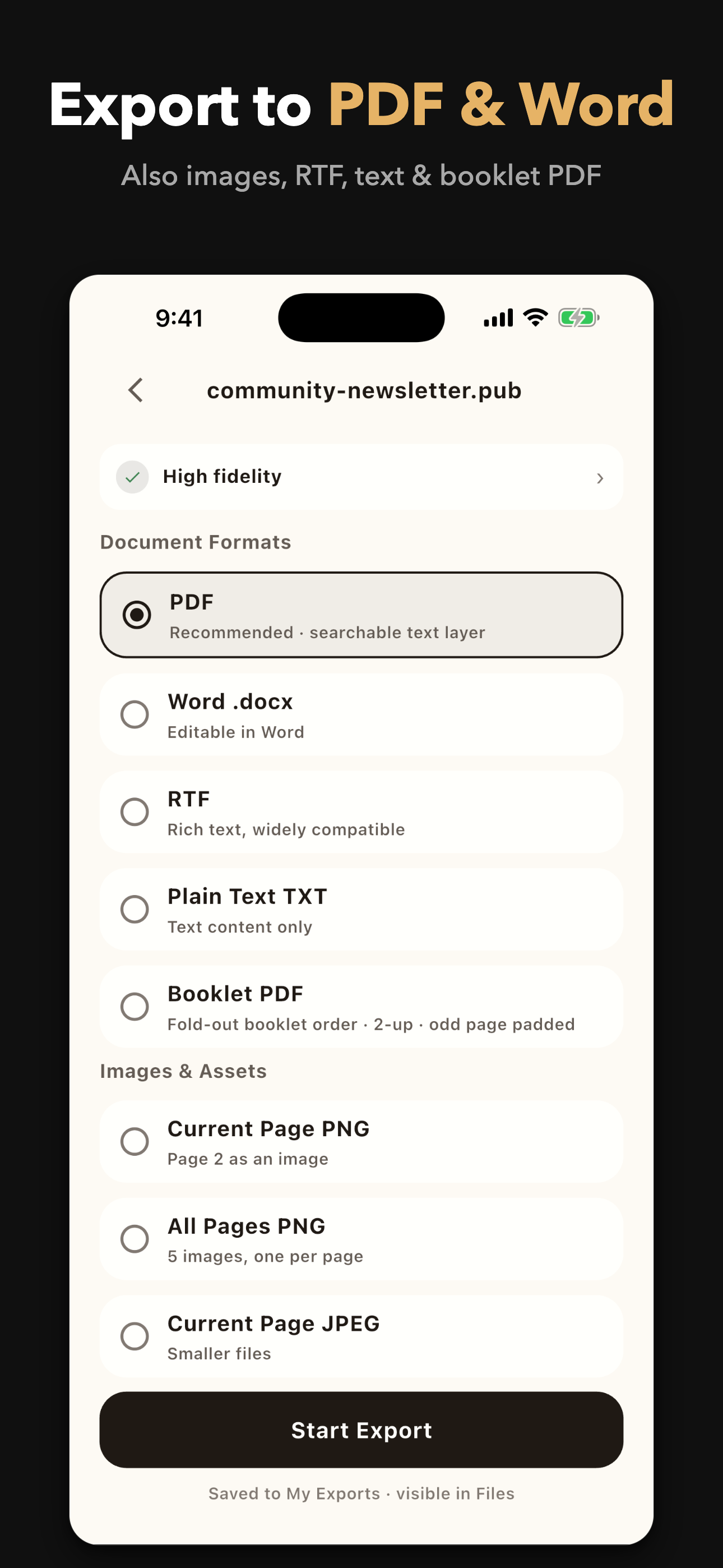 The export screen offering PDF, Word, RTF and image output
