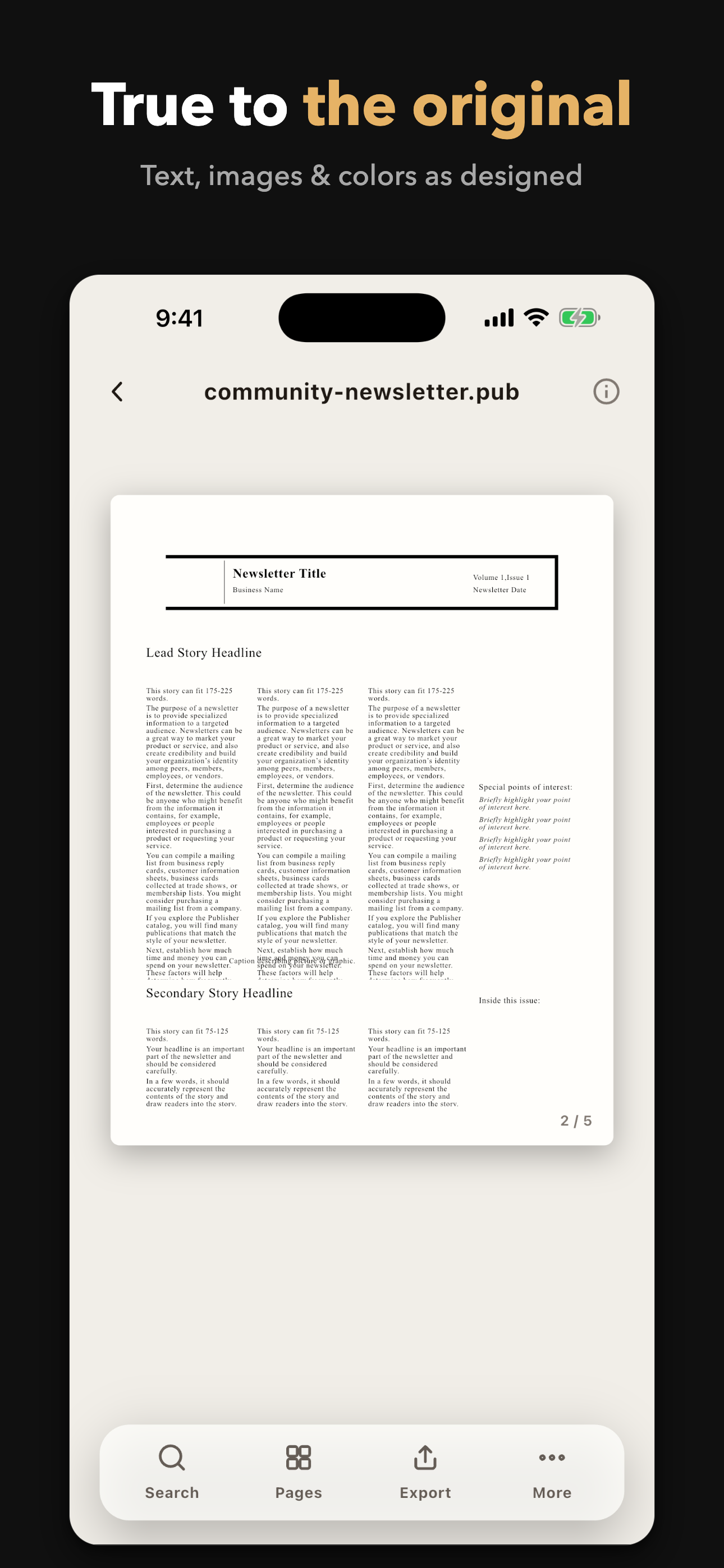 A Publisher document rendered on iPhone with its original layout, text frames and images in place