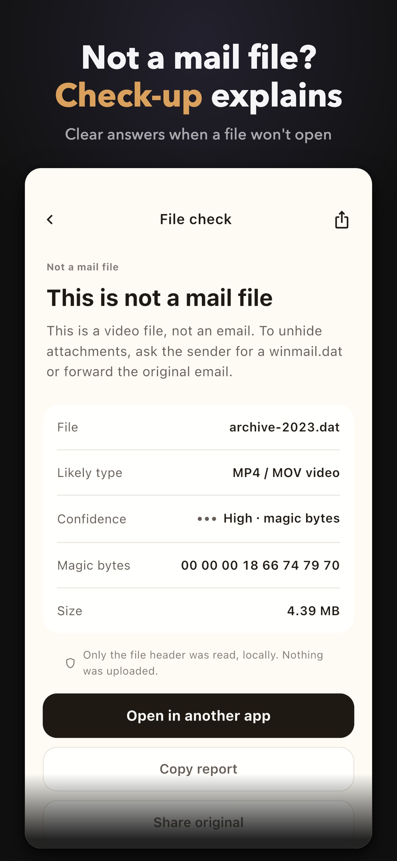 Health check screen diagnosing the true format of an unopenable file