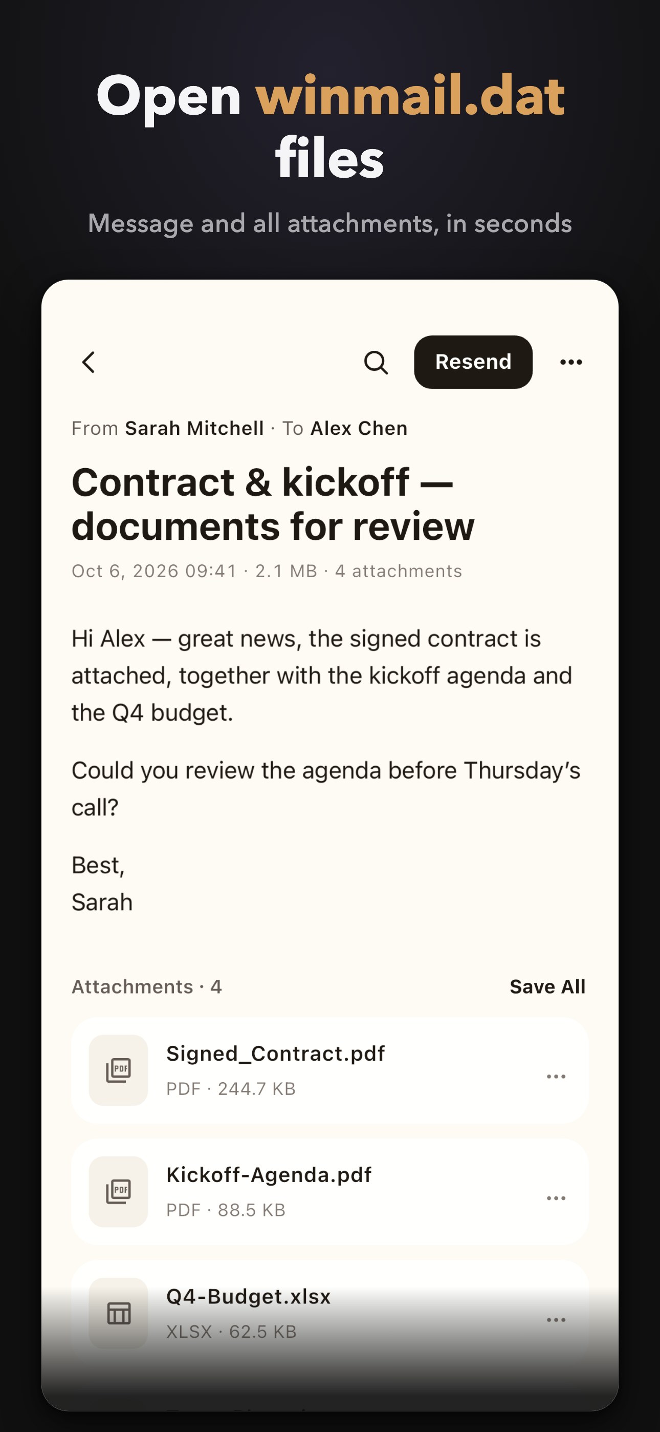 Winmail Reader opening a winmail.dat attachment on iPhone, showing the decoded message text and its attachments