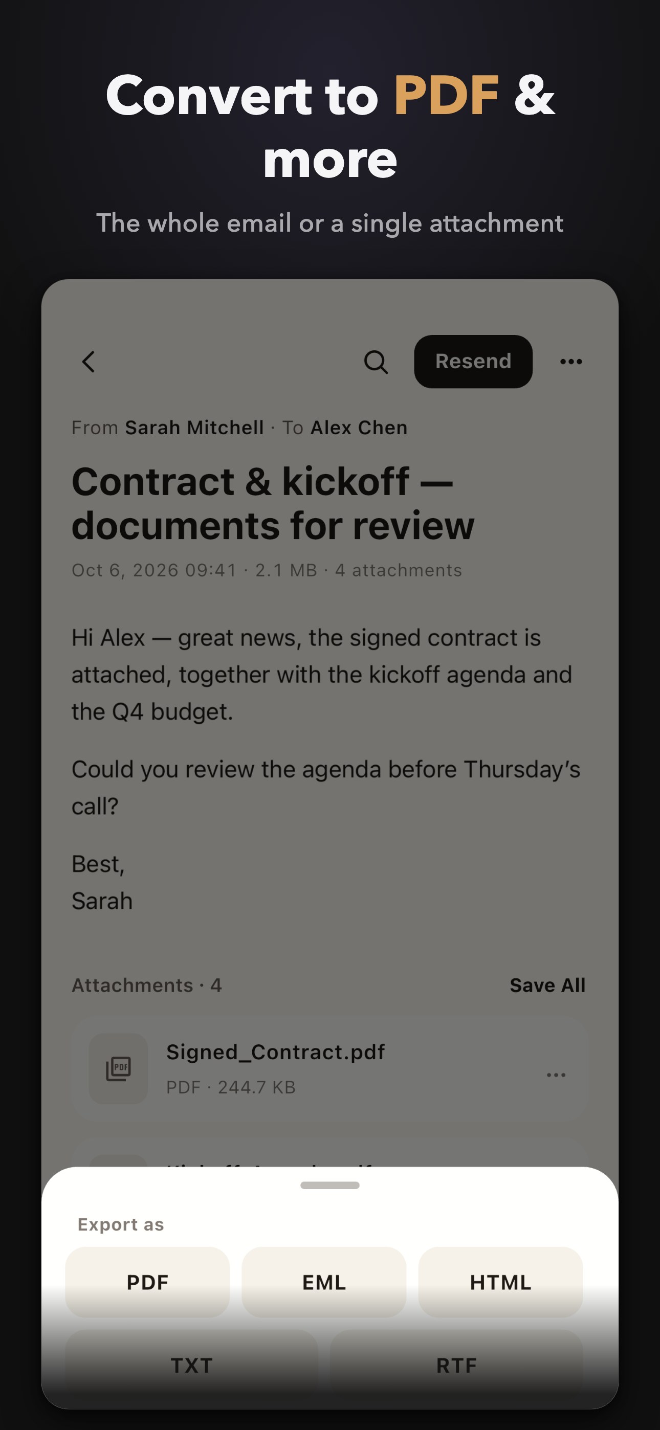An email converted to PDF inside Winmail Reader, ready to share